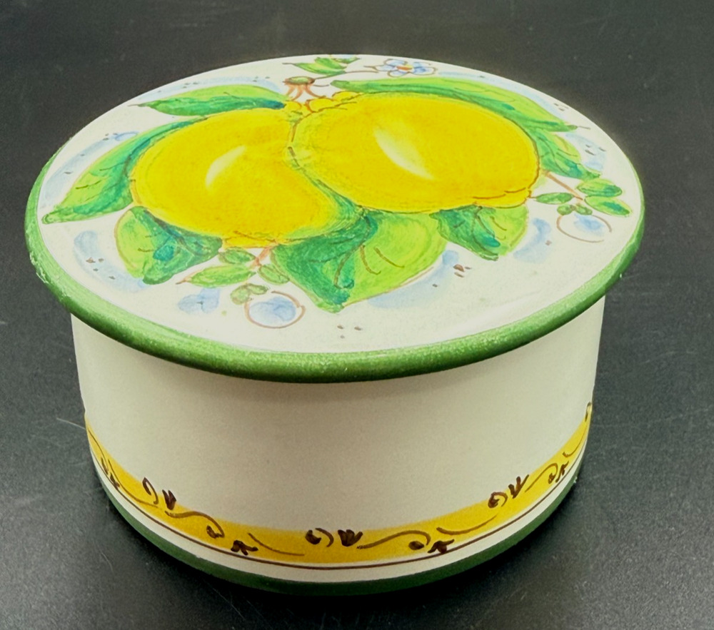 Aldo Fumanti Hand Painted Majolica Pottery Trinket Box Yellow Lemons Italy Vtg